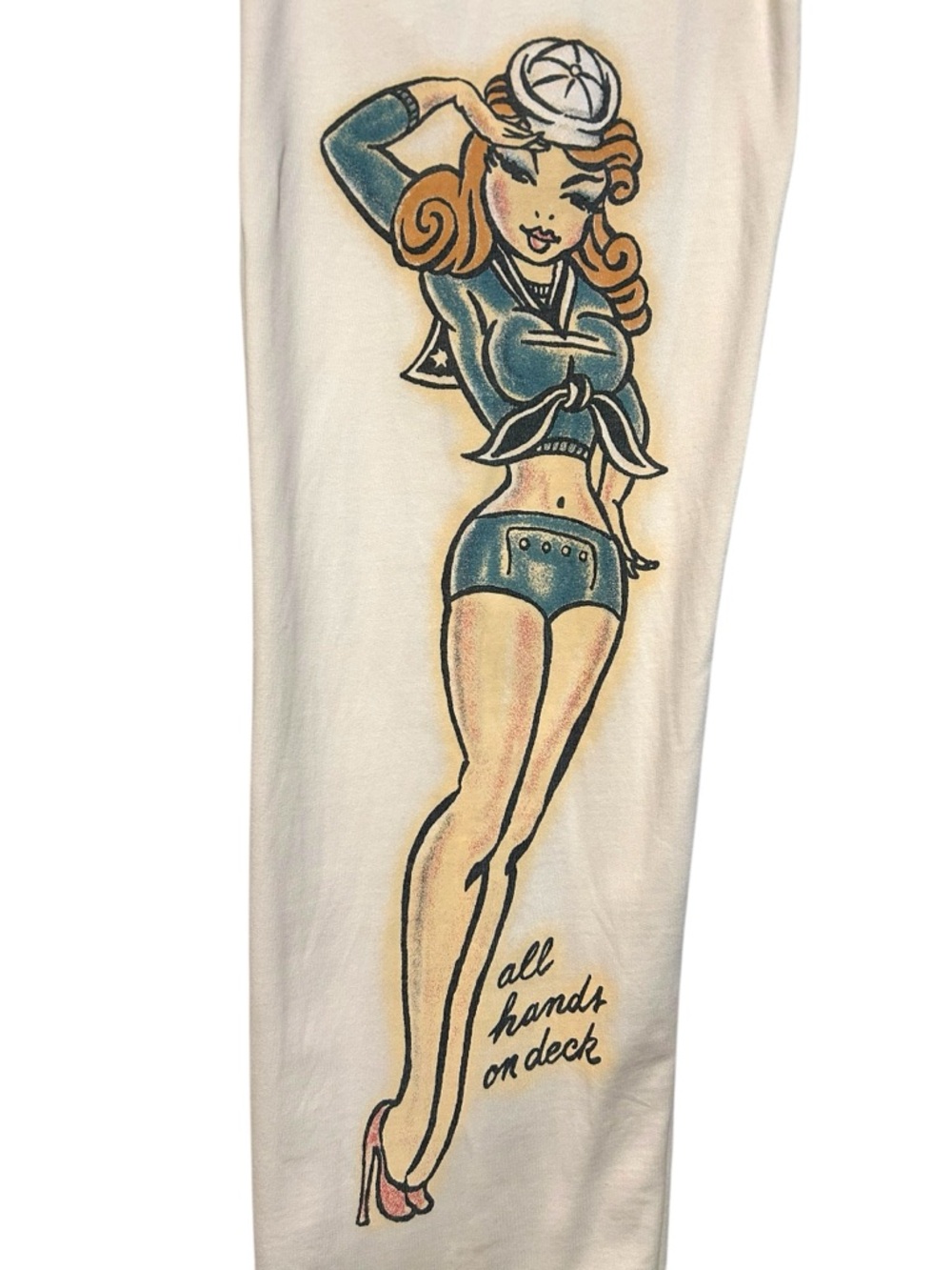 RARE lucky brand L-XL sweatpants naval pin up girl tattoo art vintage wide leg - Picture 9 of 16